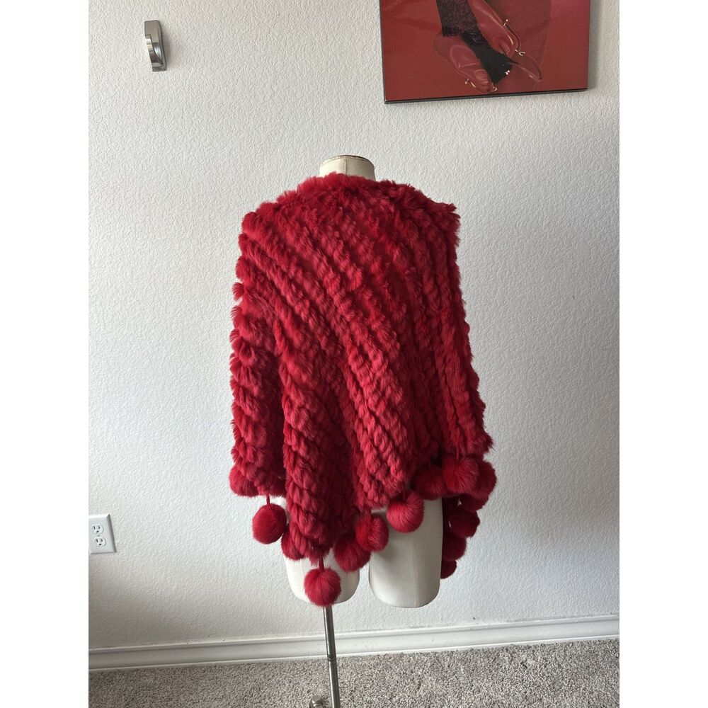 Red Knitted Rabbit Fur Poncho - Picture 4 of 4